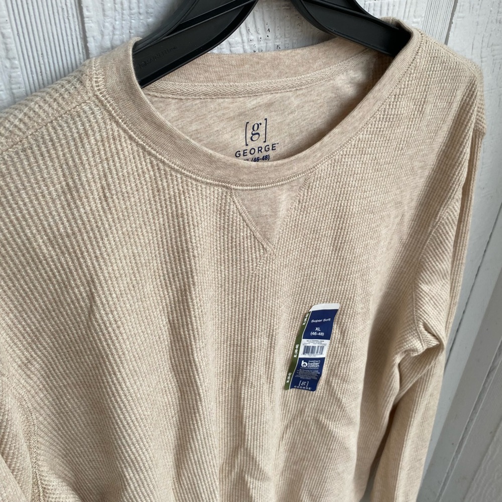 George Men's Long Sleeve Crew Thermal Waffle Patterned Oatmeal Heather Shirt XL